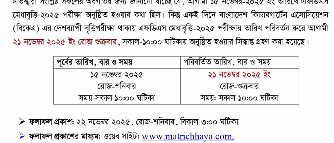 এফডিএস মেধাবৃত্তি-25 এর তারিখ পরিবর্তন সংক্রান্ত
